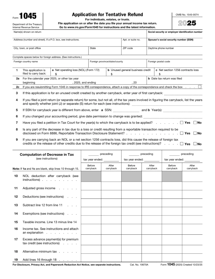 Form 1045 form preview
