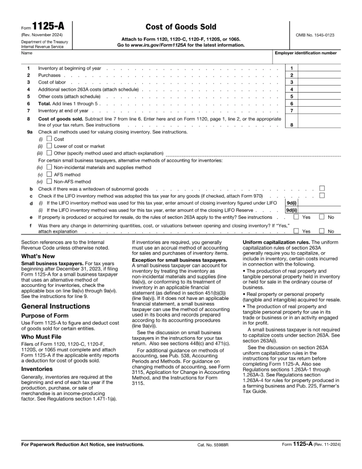 Form 1125-A form preview