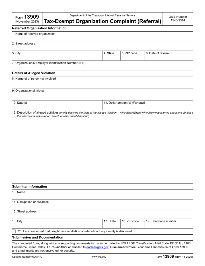 Form 13909 form preview