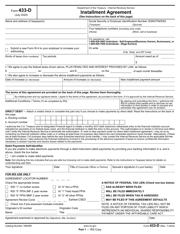 Form 433-D form preview