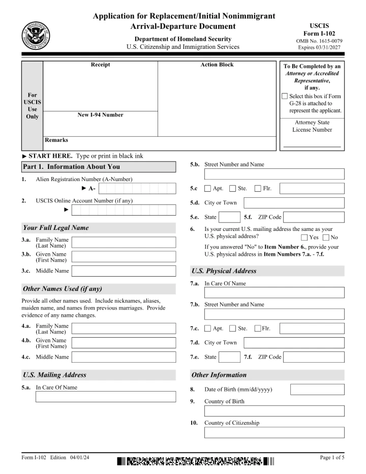 Form I-102 form preview