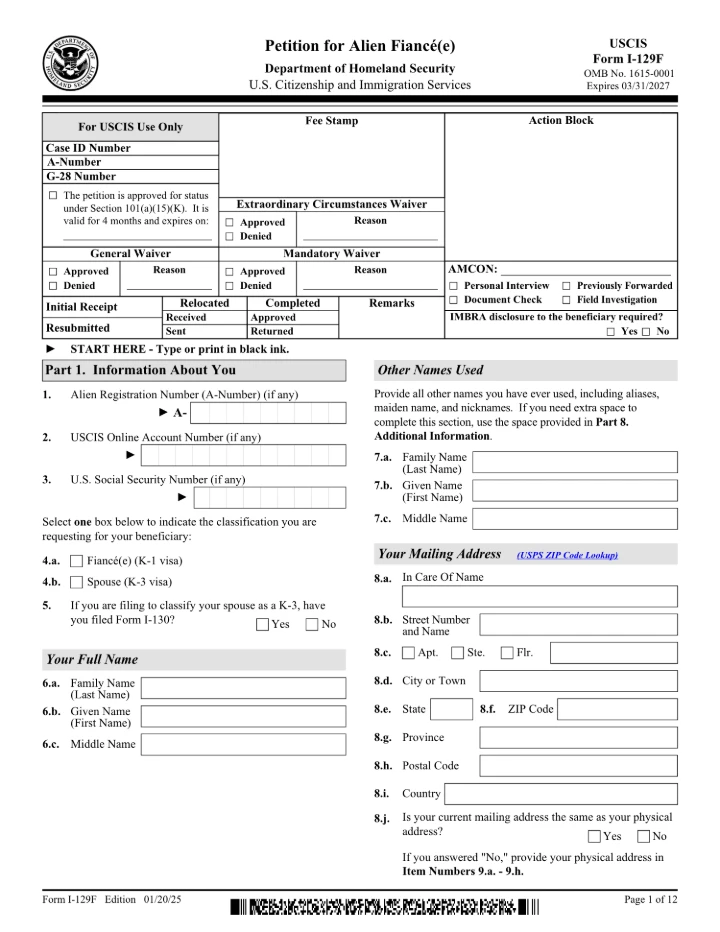 Form I-129F form preview