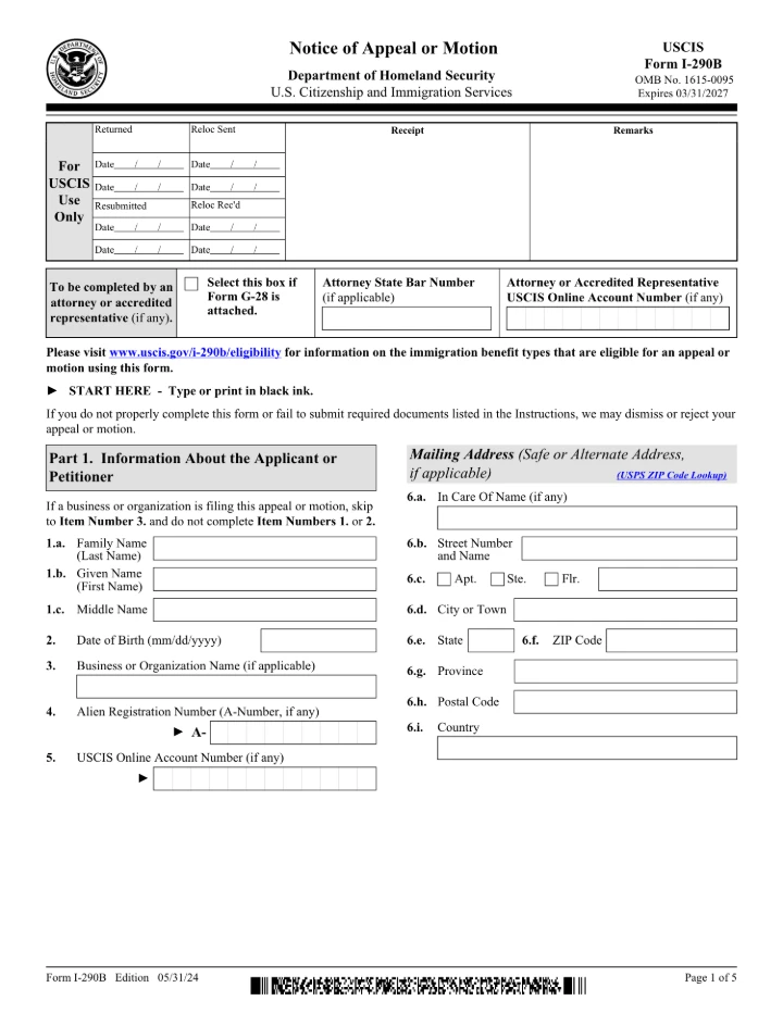 Form I-290B form preview