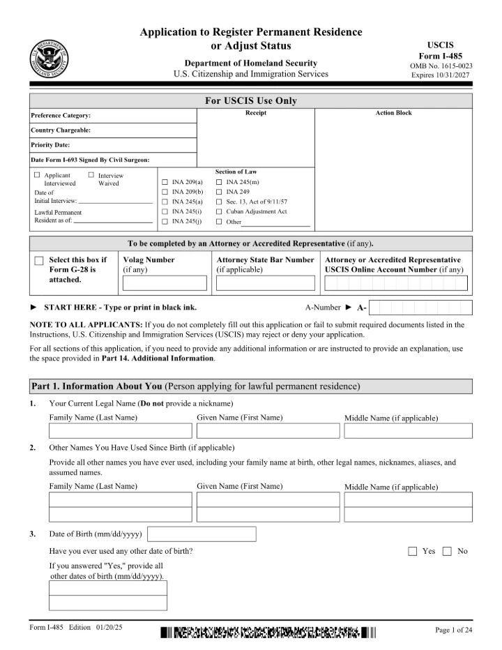 Form I-485 form preview