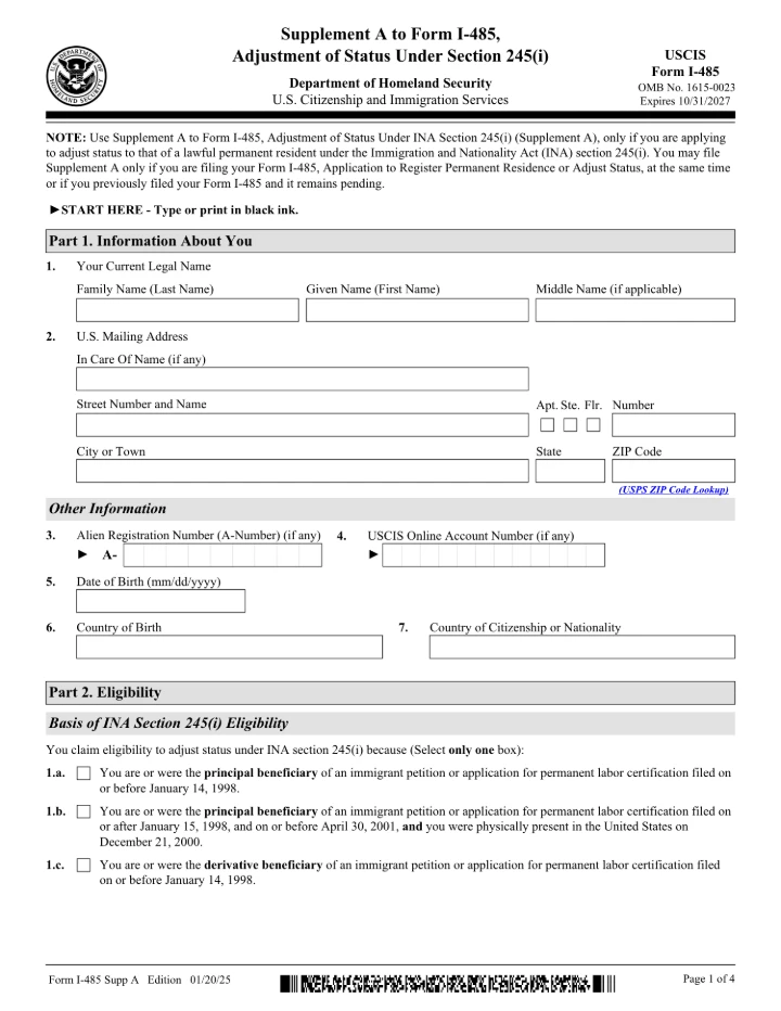 Form I-485 Supplement A form preview