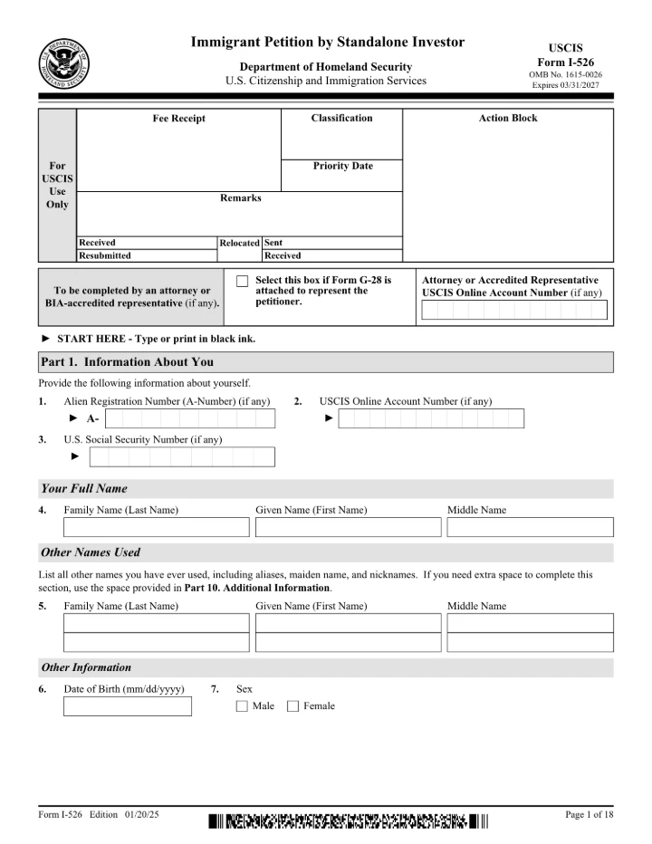 Form I-526 form preview