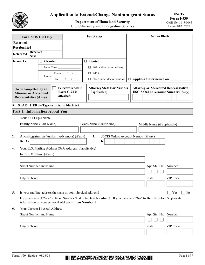 Form I-539 form preview