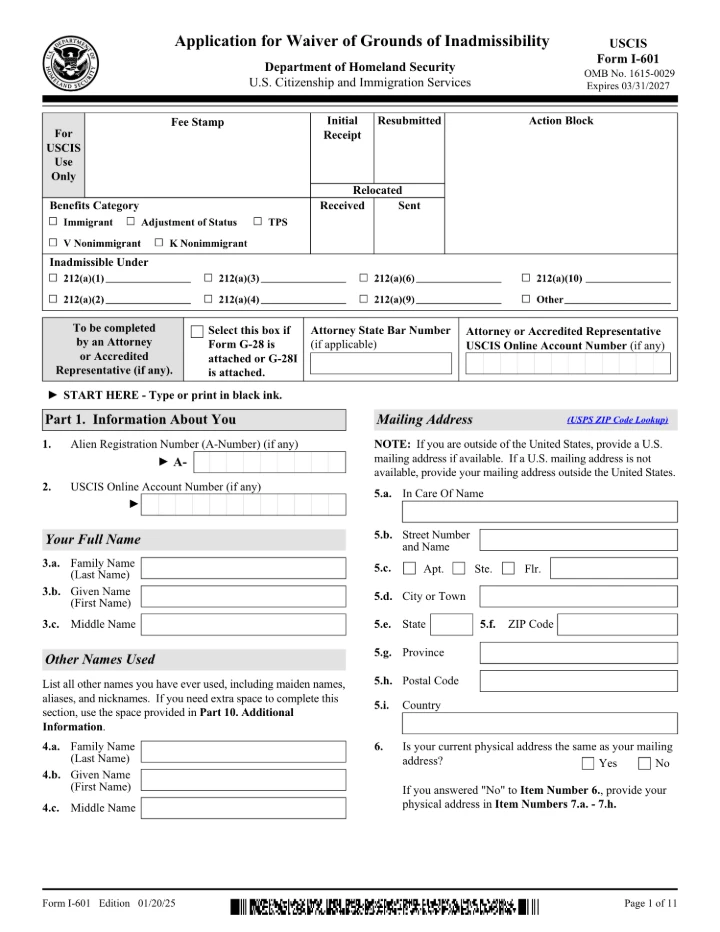 Form I-601 form preview