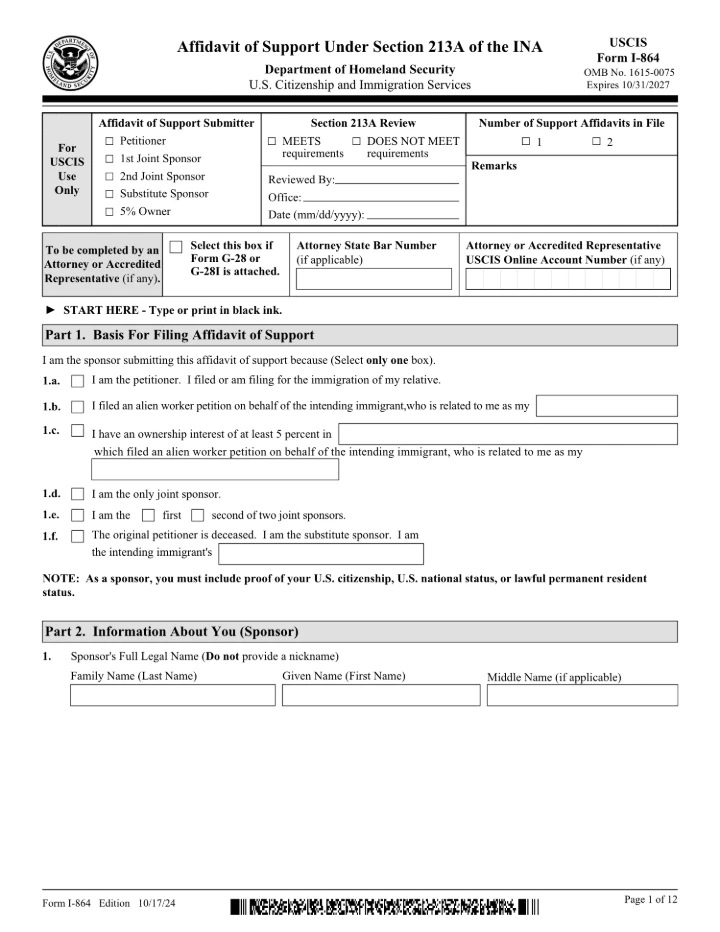 Form I-864 form preview