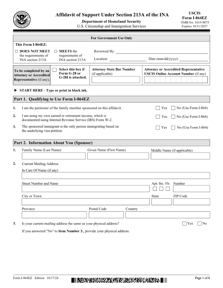 Form I-864EZ form preview