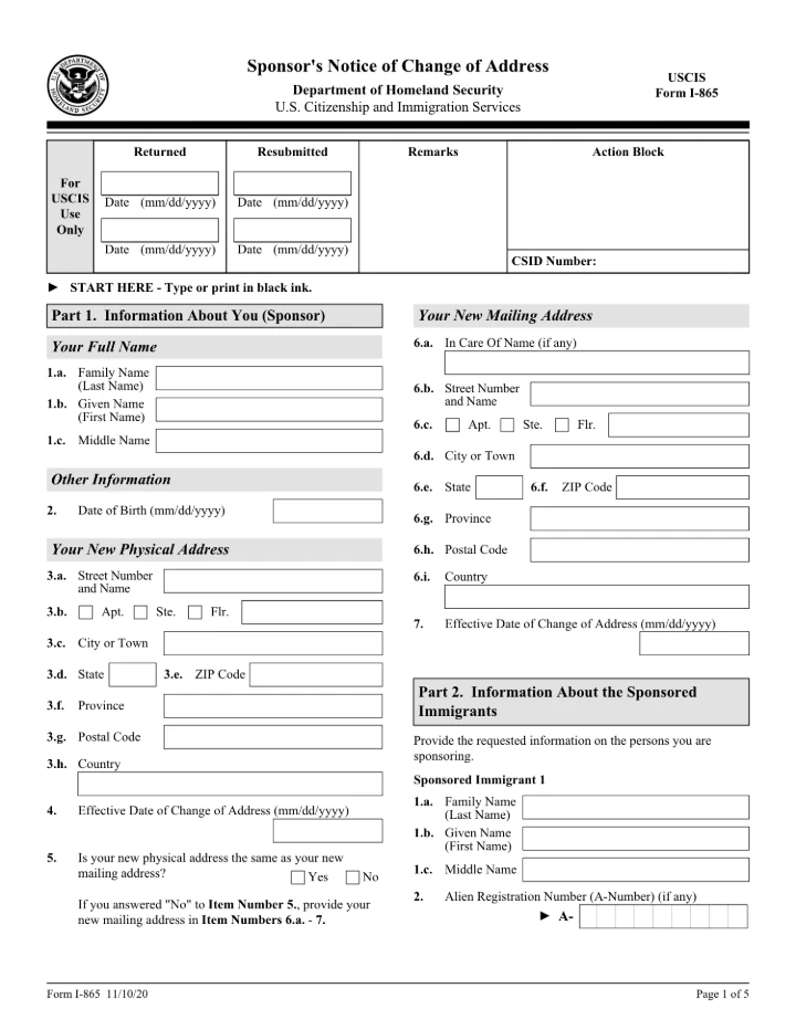 Form I-865 form preview