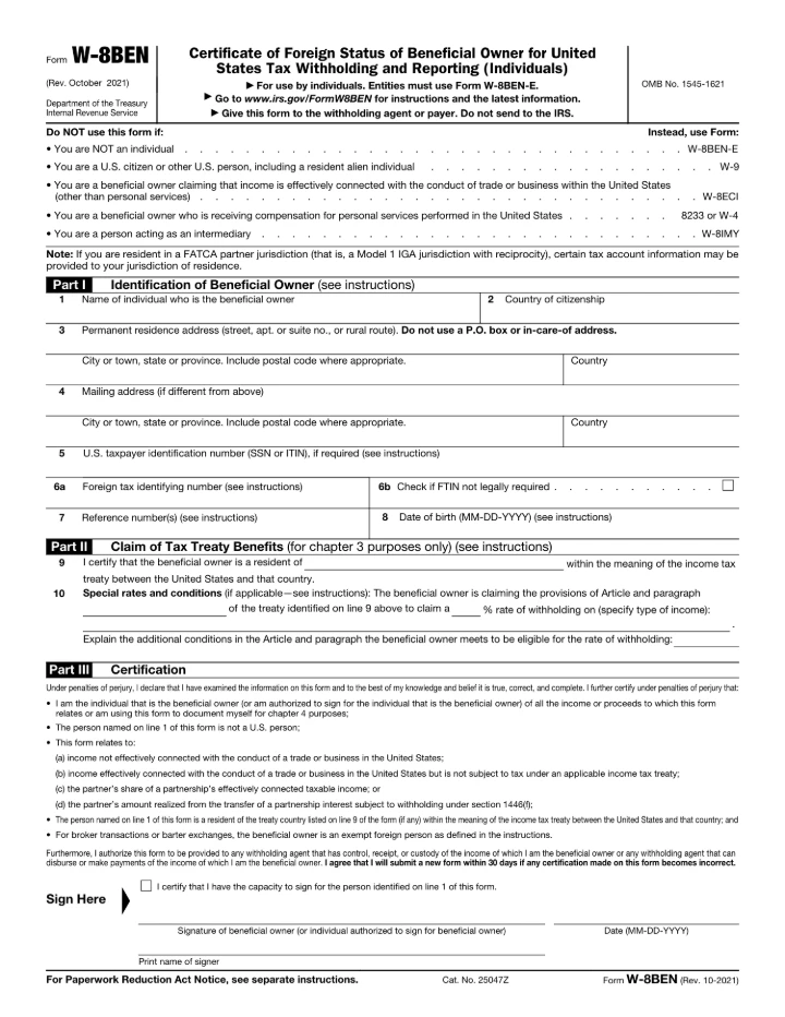 W-8BEN form preview